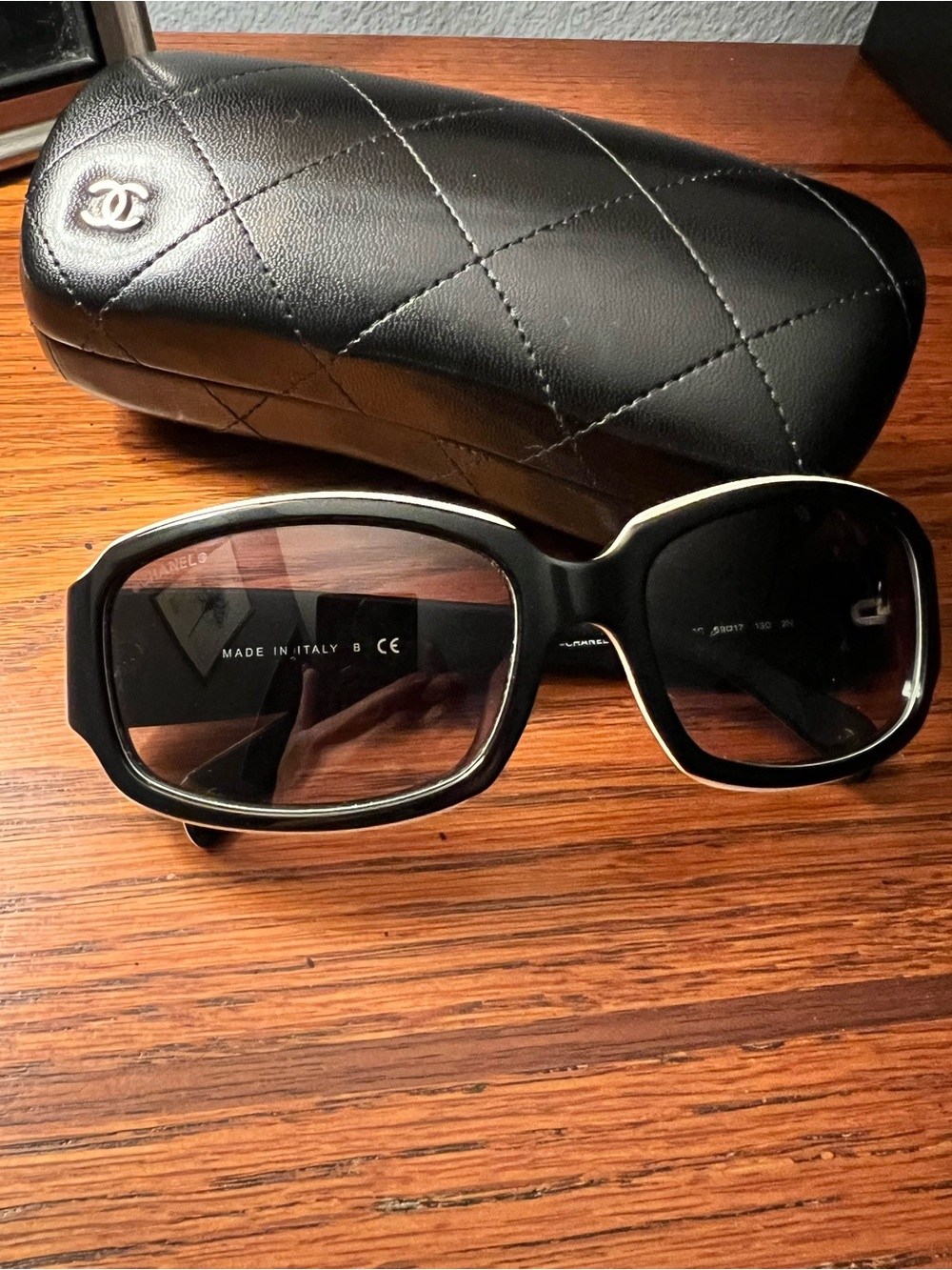 CHANEL Black and Beige Trim Logo Sunglasses